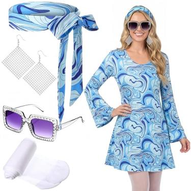 Imagem de Janmercy 5 peças de fantasias hippie dos anos 70, 80, acessórios para mulheres, roupa de discoteca dos anos 70 para festa de Halloween, cosplay, Colorido., Medium