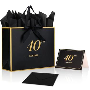 Imagem de 40th Birthday Gift Bag com Card & Tissue Paper, EST.1986 40 Year Old Keepsake Present Shopping Bags para Women Men Black Gold Anniversary Party Favors Goodie Wrapping Supplies & Decorations