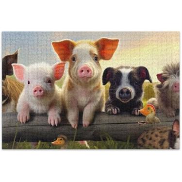 Imagem de Quebra-cabeças fofos de animais de fazenda de porcos 1000 peças para adultos arte brinquedo pintura quebra-cabeças duros presentes tecnológicos, 75 x 40 cm