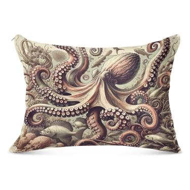 Imagem de Capa de almofada decorativa vintage com estampa de polvo com zíper padrão king queen size capa de travesseiro macia para cama, tamanho padrão, 51 x 66 cm