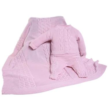 Imagem de Kit Saída Maternidade 3 Peças com Jardineira, Casaco e Manta Tricot Unissex Off White, 100% Poliéster Hipoalergênico, Manta 75x75cm, Recém-nascido (Rosa Bebe, RN)