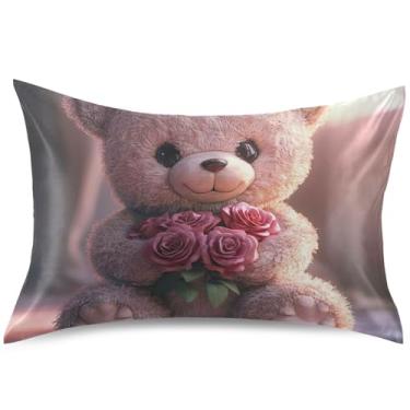 Imagem de Linda capa de almofada de cetim com rosas de ursinho de pelúcia capa de travesseiro padrão queen king size estampa macia para cama, tamanho padrão, 66 cm x 50 cm