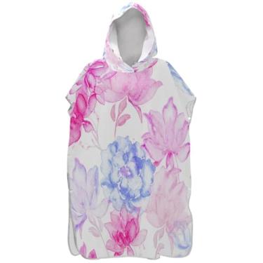 Imagem de Joisal Roupão absorvente para adultos, poncho de surfe, toalha de banho com capuz, vários ponchos de praia rosa claro e flores azuis para homens