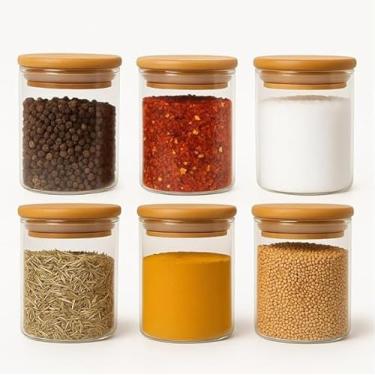 Imagem de Kit 6 Potes de Vidro 250ml Herméticos com Tampa de Bambu para Mantimentos Cozinha Alimentos