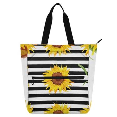 Imagem de GAIGEO Sacola feminina listrada de girassóis preta e branca para trabalho, lona, praia, livro, bolsa com zíper, carteiro, para amantes de livros