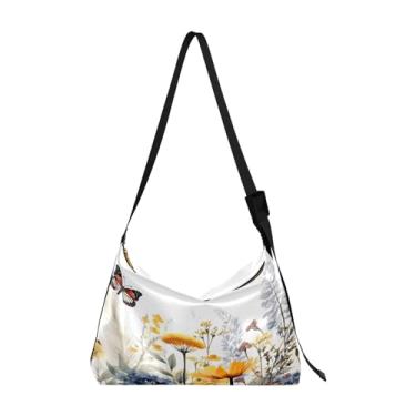 Imagem de Bolsa masculina de couro floral e floral, bolsa transversal grande, bolsa de ombro com zíper, Plantas floridas em aquarela com borboletas - 4, One Size