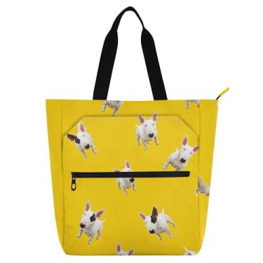 Imagem de Bull Terrier Dogs Bolsa de trabalho amarela para mulheres bolsa de lona para livros de praia com zíper carteiro bolsas de presente para amantes de livros