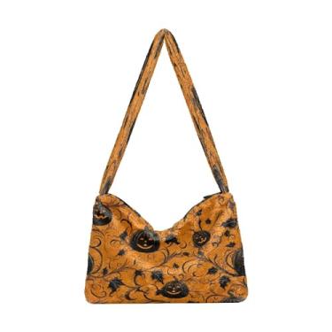 Imagem de Bolsa de ombro feminina Halloween com abóboras e estrelas, bolsas de ombro para mulheres, bolsas de outono, Motivo de abóbora com redemoinhos e abóboras pretas - 1, One Size