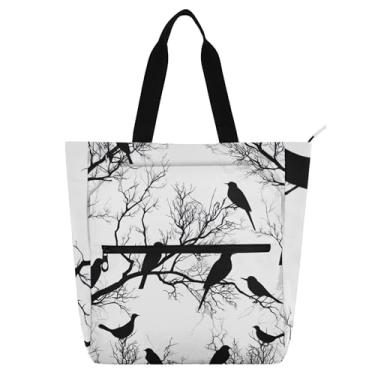 Imagem de GAIGEO Bolsa de lona preta e branca com silhuetas de pássaros para mulheres, crianças, professores, escola, trabalho, zíper
