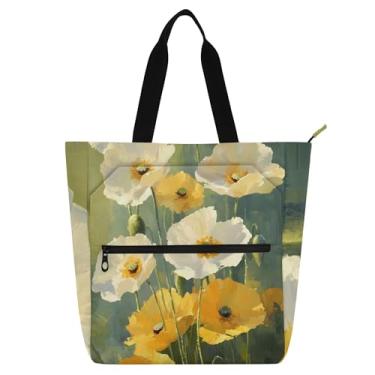 Imagem de GAIGEO Sacola branca amarela com buquê de flores silvestres para mulheres e crianças com zíper, faculdade, escola, trabalho, floral, bolsa para livros