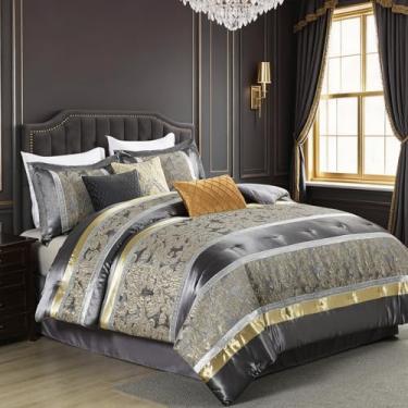 Imagem de SahSahCasa Conjunto de edredom Queen de 7 peças – Conjunto de cama de luxo felpudo de jacquard sedoso com saia para cama, travesseiros decorativos, cama em uma bolsa, elegante reversível, alternativo