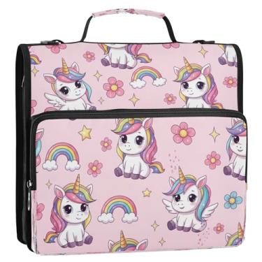 Imagem de Unicórnios de desenho animado fofos, rosa, 3 anéis, bolsa organizadora com zíper, com alça, estojo grande para 500 folhas, pasta de documentos com vários bolsos para escola ou escritório