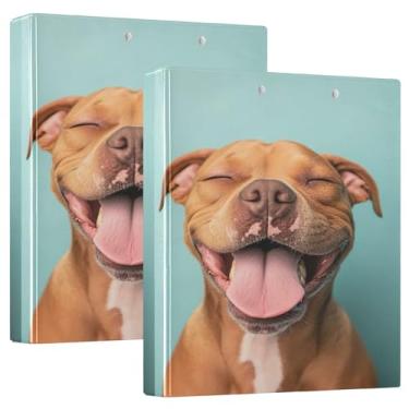 Imagem de Fichários engraçados Pitbull marrom sorridente personalizados de 3 cm com 3 anéis para guardar 200 folhas, 3 pastas de anel, anel redondo fofo, fichário resistente, 31,5 x 27 x 6 cm, pacote com 2