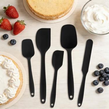 Imagem de Conjunto de 5 espátulas de silicone, espátula de grau alimentício para misturar, raspar, espalhar e preparar cozinhar, uso na cozinha, preta