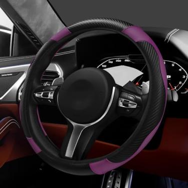 Imagem de Hovom Capa de volante de carro, capa protetora de volante de couro de fibra de carbono estilosa para 38 cm, antiderrapante e confortável, acessórios internos universais para decoração de carro (preto