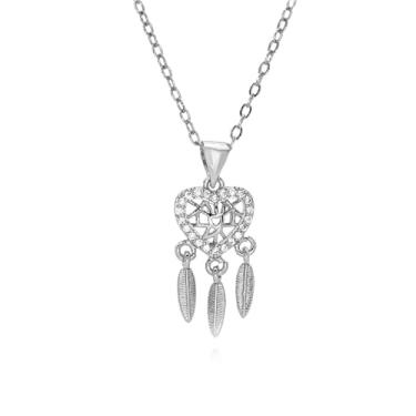 Imagem de Dtja Colar com pingente de apanhador de sonhos de coração de cristal para mulheres CZ Love Hearted Leaf Charms Link Chain Colares ajustáveis Boho Aniversário Casamento Valentine Jewelry 45,7 cm