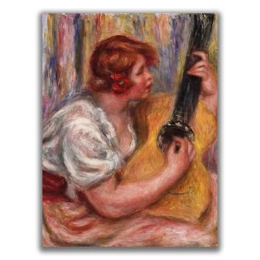 Imagem de Yomcut Arte de parede em tela Auguste Renoir - Mulher com um pôster de guitarra arte romântica realista pôster retrô ilustração histórica e cultural sala estética decoração de parede sem moldura 12 x