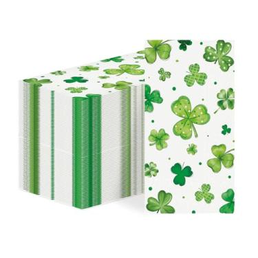 Imagem de Greencian 100 guardanapos de papel do dia de São Patrício, 3 camadas, 3 folhas, trevo descartável, toalhas de mão absorventes de trevo verde, guardanapos para convidados de São Patrício, almoço