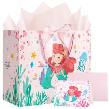 Imagem de Conjunto de sacolas de presente de sereia rosa grande de 35 cm com cartão comemorativo, 2 papéis de seda e fita para comemorar aniversário, Natal, chá de bebê, festa infantil e feriados