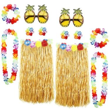 Imagem de XEPST Pacote com 12 kit de fantasia de saia Hula para festa de luau no Havaí - Hula dançante com lei havaiana, óculos de sol de abacaxi para mulheres, conjunto de 2 pessoas - Fantasia tropical de