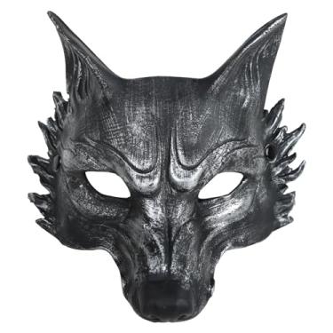 Imagem de VZQI Máscara de lobo adulto Halloween lobisomem máscara masculina fantasia de lobo animal baile de máscaras meia face prata