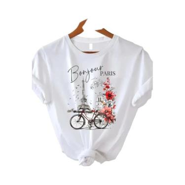 Imagem de Camiseta Feminina Casual De Manga Curta Com Estampa Paris Para Verão E