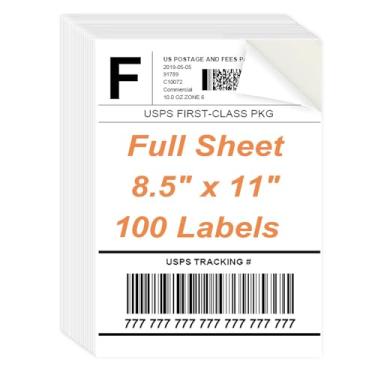 Imagem de Etiquetas de folha inteira, 21,6 cm x 28 cm - 100 folhas, etiquetas de página inteira, papel adesivo branco imprimível para impressoras a laser/jato de tinta - fosco, tamanho carta