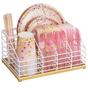 Imagem de Dispensador de placa de papel de metal, suporte de utensílios de prato de papel descartável para festa, copos de guardanapo - suporte de talheres de prata para festas, balcão de cozinha, bambu, branco