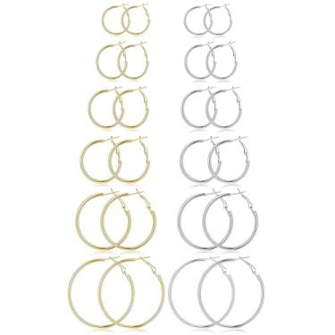Imagem de Generic 12 pares de brincos de argola fina para mulheres, disponíveis em 6 tamanhos: 25 mm, 30 mm, 35 mm, 40 mm, 45 mm e 50 mm, conjunto de brincos de ouro/prata grande, médio e pequeno