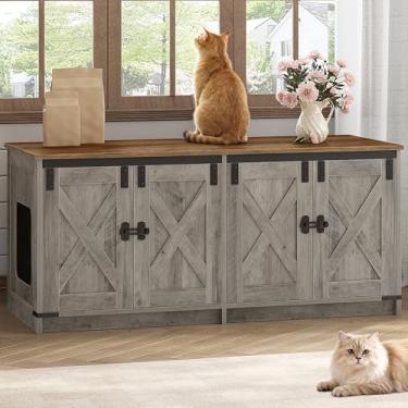 Imagem de Hzuaneri Caixa de areia para gatos para 2 gatos, caixa de areia escondida armário de móveis com quarto duplo, casa de gato interior, estilo casa de fazenda, 46,7 x 18,9 x 21,1 polegadas, Greige