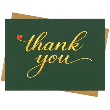 Imagem de Cheerin Pacote com 24 cartões de agradecimento verdes com envelopes - Notas de agradecimento elegantes em folha dourada para casamento, aniversário e negócios - Cartões de agradecimento a granel 7,6 x