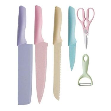 Imagem de Conjunto de 6 Peças Facas de cozinha coloridas Lâminas antiaderentes A