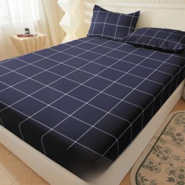 Imagem de Jogo de Lençol Listras Preto e Branco 3 Peças Percal Estampado Solteiro/Casal/Queen(Xadrez Azul,Casal 03 Peças)