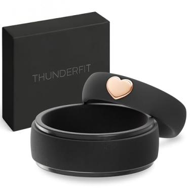 Imagem de ThunderFit Anéis de silicone para ele e ela, alianças de casamento para casais, pacote com 2 alianças de noivado de borracha com detalhes banhados a ouro, 4.5-5 (W) | 8.5-9 (M), Silicone, Sem tipo de
