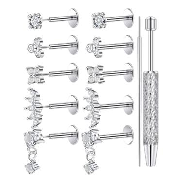 Imagem de Lcolyoli Brincos de aço cirúrgico banhados a ouro 18 K com zircônia cúbica 18 G 20 g Tragus Helix Conch Piercing Joia Taper Ball Grabber Tool para facilitar a troca de joias, Metal, Zircônia cúbica