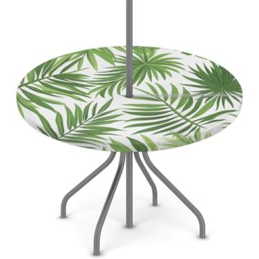 Imagem de Pardick Toalha de mesa redonda de folhas verdes para uso ao ar livre com orifício para guarda-chuva, toalha de mesa redonda, impermeável, com zíper, elástico, capa de mesa de pátio, serve para mesas