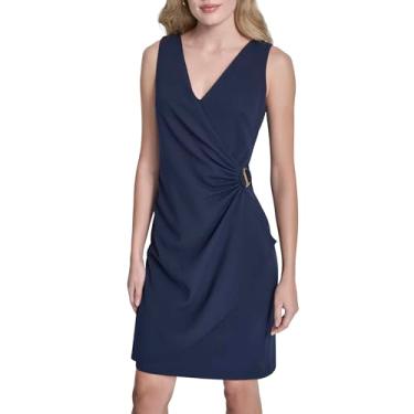 Imagem de DKNY Vestido feminino sem mangas com decote em V franzido, fivela D, tecido sintético, azul-marinho, 12