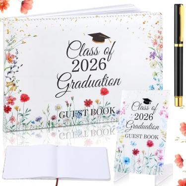 Imagem de Yexiya Livro de Visitas de Formatura 2026 com Caneta e Sinais Assinatura Livro de Couro de Formatura 72 Páginas Placa de Álbum de Fotos com Suporte Grad Artigos de Festa Presentes (Flores Silvestres)