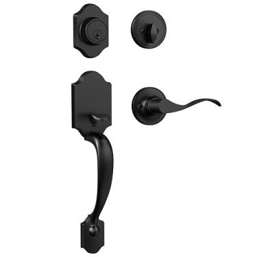 Imagem de Camtek Conjunto de maçanetas e fechaduras preto fosco, conjunto de fechadura frontal de cilindro único com alça reversível, maçaneta externa com trava de fechadura e chave