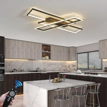 Imagem de Luminária de teto moderna em LED, luminária interna preta com intensidade regulável, lustre grande retangular em metal para sala de estar, luminária de teto com controle remoto, luminária ge