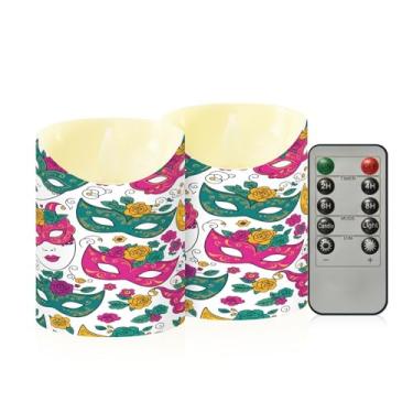 Imagem de Wassud Pacote com 2 máscaras coloridas de carnaval velas sem chama com controle remoto, velas realistas cintilantes com temporizador, velas decorativas para Natal, casamento, festa, decoração de casa