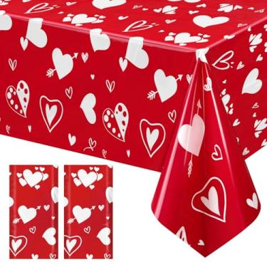 Imagem de Just Shimmer Toalha de mesa de 2 peças, capa de mesa de plástico vermelho, 137 x 272 cm, fundo vermelho com coração, decoração de festa descartável à prova d'água para dia dos namorados, galentina