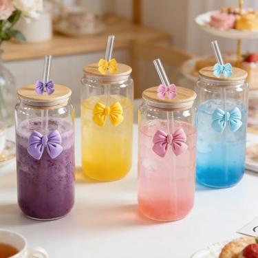 Imagem de Copo de canudo de arco de vidro com tampa e canudo, design criativo de laço colorido, copo de vidro simples, adequado para decoração de casa, copo de água potável diário para casa, copo de água de