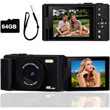 Imagem de Câmera Digital 4K, Foco Automático, Fotográfica Vlog para YouTube, Cartão SD de 64G, tela LCD de 2.8", tela giratória de 180 graus, zoom digital de 16x, Câmeras Compactas para Viagens/Adolescentes