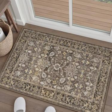 Imagem de WondRg Tapete vintage lavável marrom 5 x 7 cm para sala de estar macio floral antiderrapante tapete moderno resistente a manchas tapete envelhecido entrada sala de jantar lavanderia cozinha banheiro