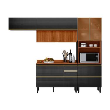 Imagem de Cozinha Compacta com 2 Vidros Reflecta Ripada Proença 6 Portas 6 Gavetas Carbono e Nogueira