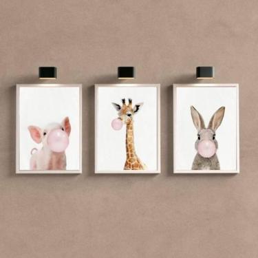 Imagem de Kit 3 Quadros Bichinhos Chicletes Rosa 45X34 Vidro Branca