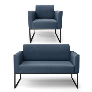 Imagem de Sofá Namoradeira Com Poltrona Base Industrial Preto Marisa Suede Cor Azul Marinho