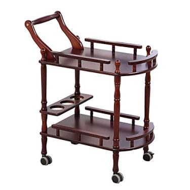 Imagem de LaYiQimn Carrinho de bar vintage vermelho marrom madeira 2 camadas para servir bebidas cozinha armazenamento vinho bar carrinho carrinho de chá e rodas rolantes