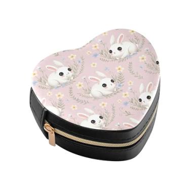 Imagem de Burbuja Caixa de joias em forma de coração de coelhos, mini estojo de viagem para mulheres e meninas, organizador portátil de armazenamento para brincos, anéis, colares e pulseiras